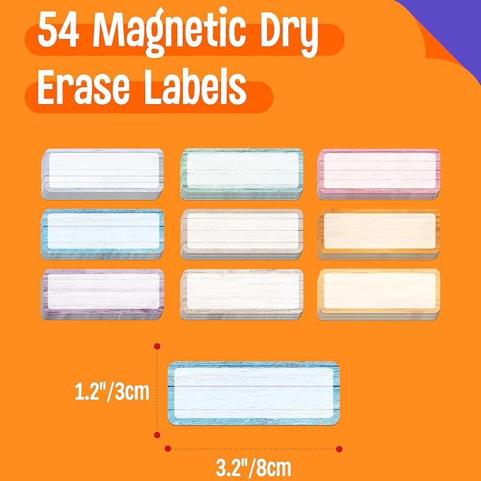 Magnetic Colorful Labels, 54 PCS Dry Erase Reusable Neon Name Tag Stickers in 9 Designs for Whiteboards Locker Fridge School Office Home (Each Measures 3.2" x 1.2")