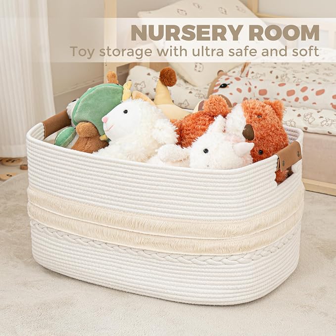 danpinera 108L Large Basket for Living Room, Boho Decorative Basket Organizing with Handles, Cotton Rope Storage for Toys, Pillows, Clothes, 25’’*16’’*16’’ White