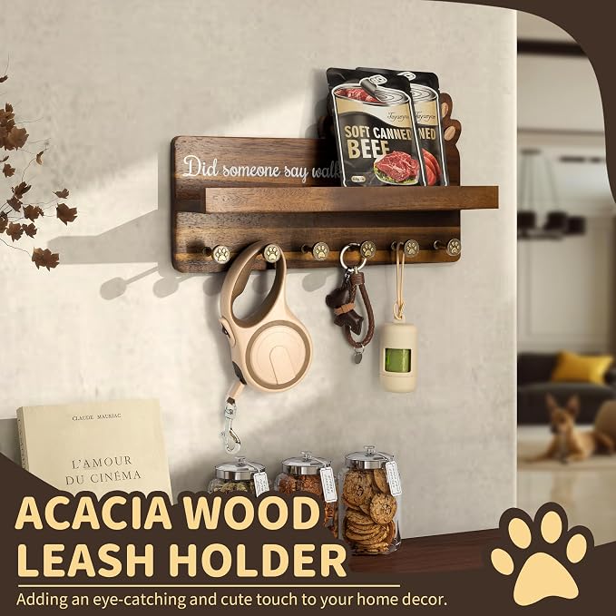 MTERSN Acacia Wood Dog Leash Holder for Wall with Wall Shelf, Dark Brown | 3D Dog Paw Key Holder, Wooden Wall Rack with 6 Key Hooks, Dog Leash Organizer, Rustic Entryway Decor, Perfect Dog Lovers Gift