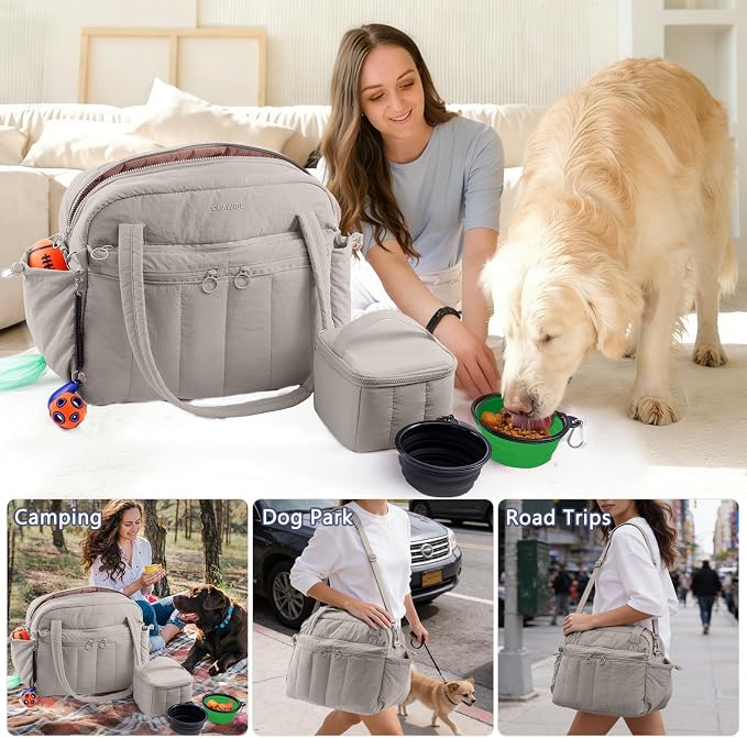 Dog Travel Bag for Supplies, Airline Approved Pet Travel Organizer with 2 Food Containers & Collapsible Bowls, Large Capacity Dogs Tote Bag for Weekend, Stylish Dog Mom Gift for Pet Lovers
