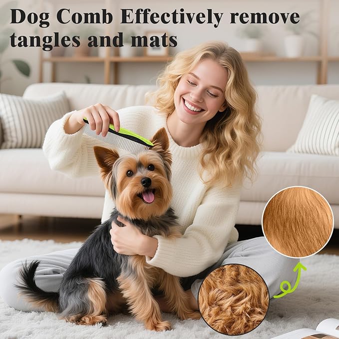 2PCS Self Cleaning Slicker Brush & Dog Comb - Skin Friendly Deshedding Grooming Tool for Dogs, Cats and Small Animals, Professional Deshedding Dematting Tool for Long and Short Haired Pets (Green)