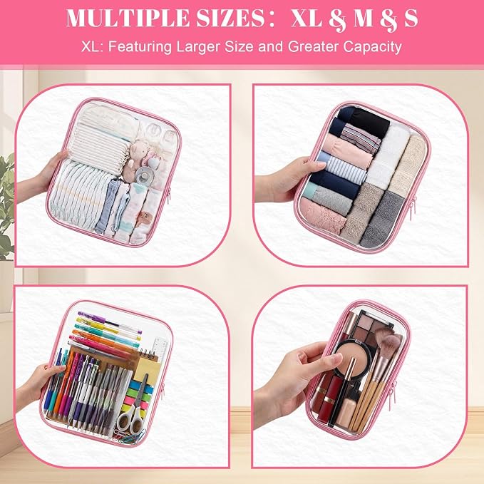 12 Pack Clear Hard Shell Zipper Case with 40 Labels, X-Large/Medium/Small Stackable Clear Pouches, Crush-resistant Travel Toiletry Bag Organizer for Makeup Board Games Electronics (Pink)