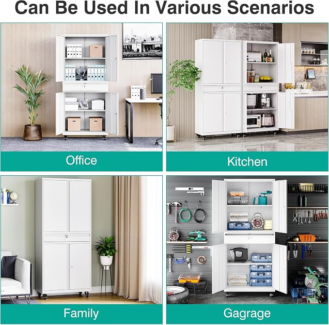 White Metal Storage Cabinet with Wheels and Drawer,Rolling Garage Cabinet with Locking Doors and Adjustable Shelves,73" Mobile Tall Large Metal Cabinets for Home,Office,Garage,Shop