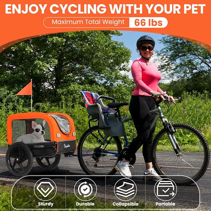 Dog Bike Trailer, Dog Cart for Bicycle, Suitable for Small and Medium Pets, Easy Folding Cart Frame, Quick Release Wheel, Non-Slip Floor, Internal Leash, 66LBS Orange
