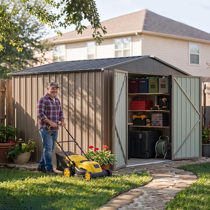 Devoko 8x10 FT Outdoor Storage Shed, Metal Tool Shed with Lockable Door&Slooping Roof, Outside Storage for Garden Backyard Patio(Brown)