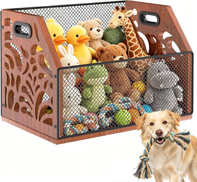 Dog Toy Basket, Chew-Proof Dog Toy Box, Wooden Pet Toy Storage | Spacious Toy Storage Bin for Pet Toys, Treats & Home Supplies, Toy Box for Living Room