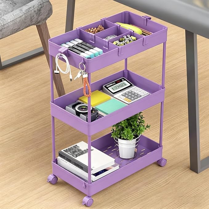 Slim Storage Cart 3 Tier,Bathroom Organizer Rolling Utility,Mobile Shelving Unit Slide Out for Office, Kitchen, Laundry Room & Narrow Places,Purple
