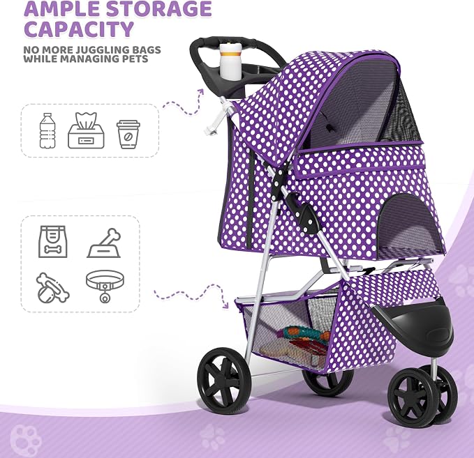 Magshion 3-Wheel Pet Stroller for Small/Medium Dogs & Cats, Up to 33lbs | Foldable Travel Jogger w/ Breathable Mesh Cover, Lightweight Design, Safety Tethers, Cup Holder & Storage Basket