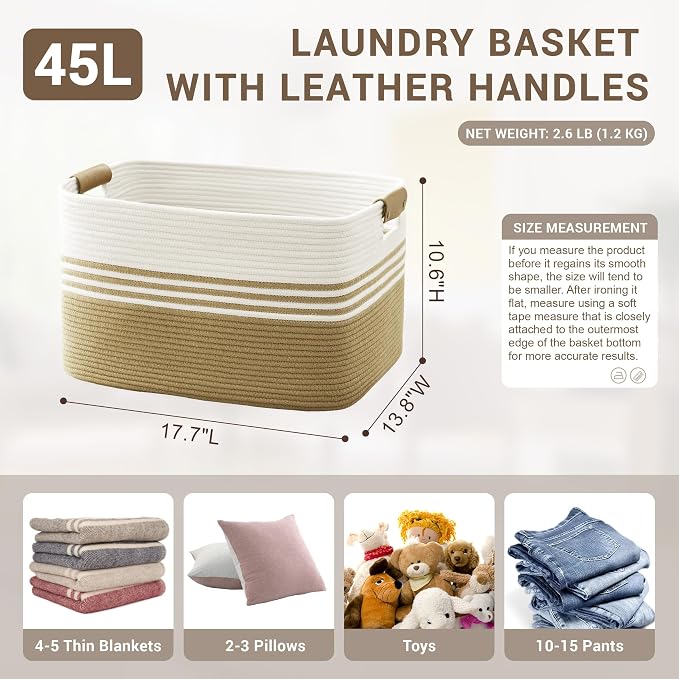 45L Small Woven Laundry Basket Hamper with Leather Handles,Khaki | collapsible wicker hamper, storage for dirty clothes, toys, blankets, gifts, living room, bedroom, bathroom, 18"x14"x11"