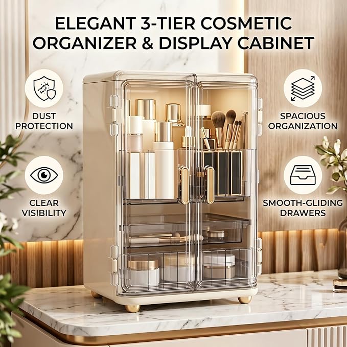 Dpofirs Transparent Door 3 Tier Makeup Storage | Skincare Organizer For Countertop Vanity Large Capacity Jewelry Lipstick Box
