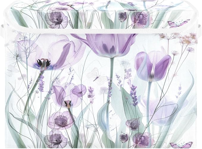 senya Baskets Collapsible Storage Bins with Lids, Purple Tulips Flowers Pastel Storage Boxes Clothes Baskets for Organizing, B06D22020