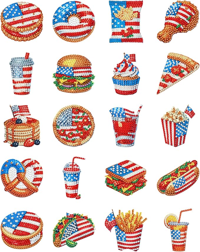 20pcs Independence Day Food 2D Diamond Painting Magnets Team Fridge Magnets | Fridge Magnets 20 Pieces Diamond Painting Kit 2D Acrylic PET Magnetic Food Series DIY Art Home Car Decor