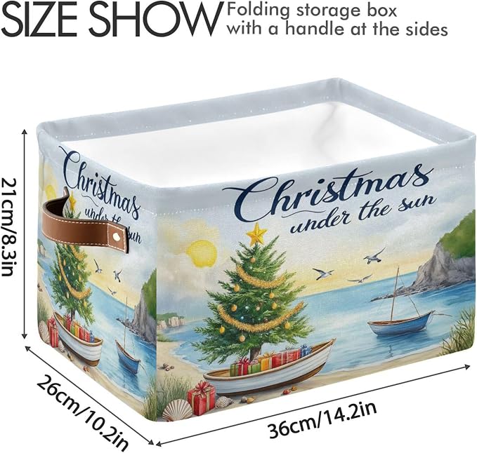 Christmas Beach Time Storage Basket with Waterproof Liner and PU Handles Xmas Tree Summer Theme Storage Bins Boxes 14.2" Collapsible Decorative Organizer Baskets for Bedroom Closet Office 1 Pack