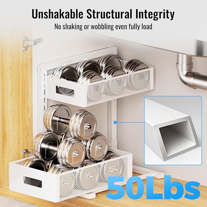 TISTAYA Full Metal Under Sink Organizer, Pull Out Cabinet Organizers and Storage, Silk-Smooth Sliding Drawer for Kitchen, Bathroom, Pantry, Cabinet, Closet (White, 2 Pack)