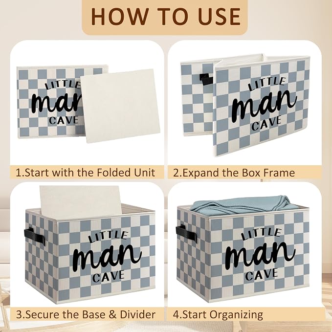 Little Man Cave Boys Foldable Storage Bins Box with Handles, Blue and White Checkered Decorative Storage Boxes Baskets Organizer for Kids Boys Playroom Nursery Room Bedroom Bathroom
