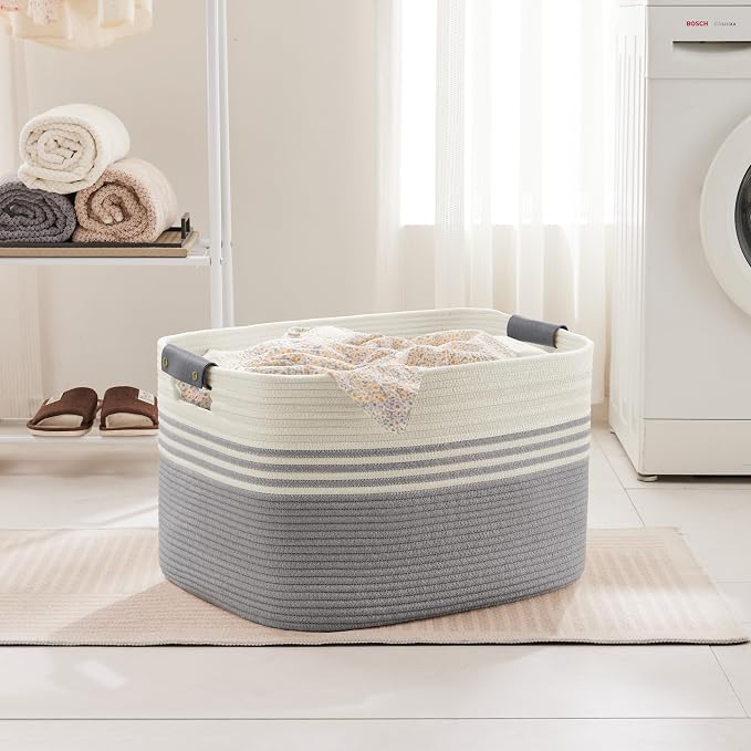 86L Large Woven Laundry Basket Hamper with Leather Handles,Grey | collapsible wicker hamper, storage for dirty clothes, toys, blankets, gifts, living room, bedroom, bathroom, 24"x16"x14"