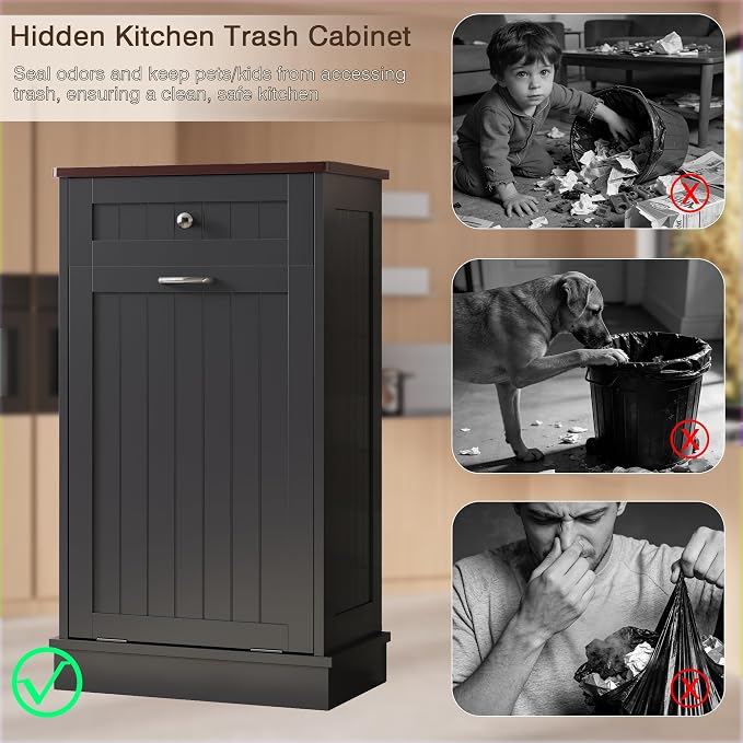 KIGOTY Tilt Out Trash Can Cabinet, Laundry Hamper Cabinet, Kitchen, Black