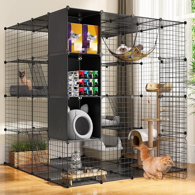 YITAHOME Large Cat Cage with Storage Cube DIY Indoor Catio Cats Enclosures Metal Cat Playpen with Large Hammock for 1-4 Kittens 4 Tiers Cat Kennel