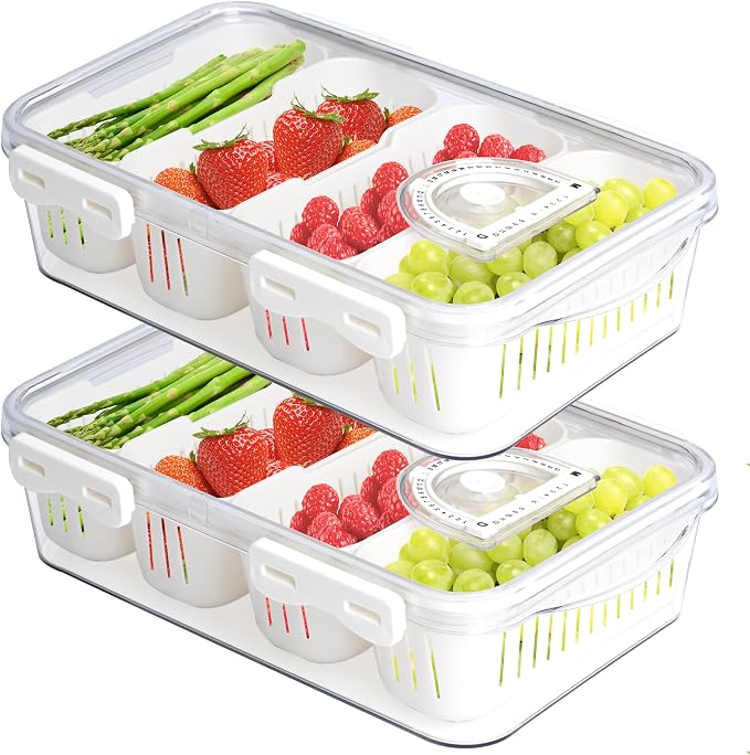 2Pack Poratble Bacon Storage Container for Fridge Divided Snackle Box Charcuterie Container 4 Compartment Serving Veggie Tray with Lid Portable Travel Fruit Caddy for Cheese,Candy,Nuts,Salad
