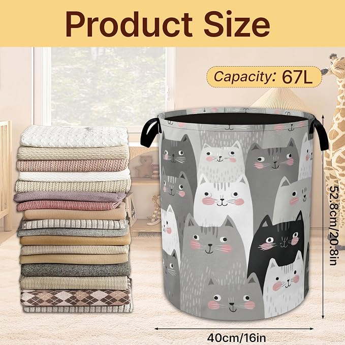 Gray Cats Collapsible Laundry Hamper with Handles,Oxford Cloth Laundry Basket,Storage Organizer for Bathroom Bedroom Laundry Room