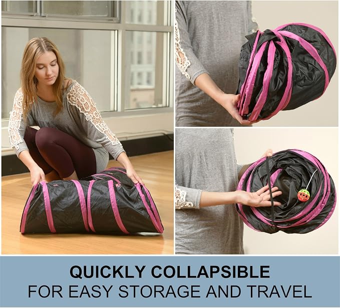 Cat Tunnel - Collapsible 3 Way Play Toy - Interactive Tube Toys for Rabbits, Kittens, and Dogs - Black/Pink