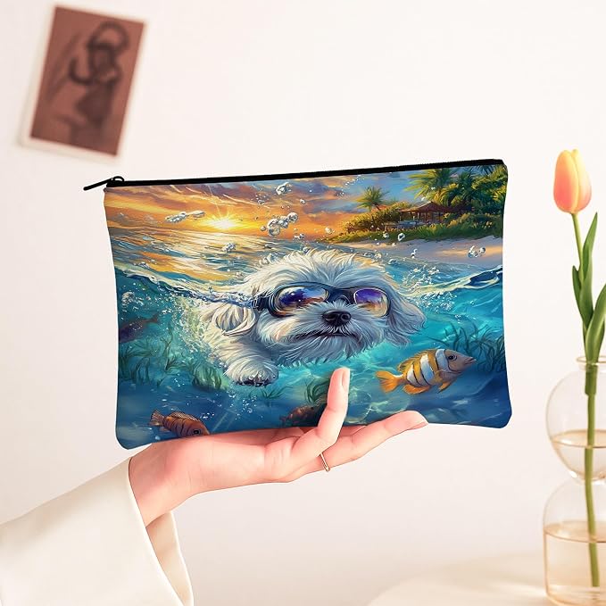 Maltese Dog Makeup Bag, Funny Coastal Beach Ocean Printed Cosmetic Travel Pouch for Women, Pet Portable Small Canvas Zipper Organizer 7x9 Inch