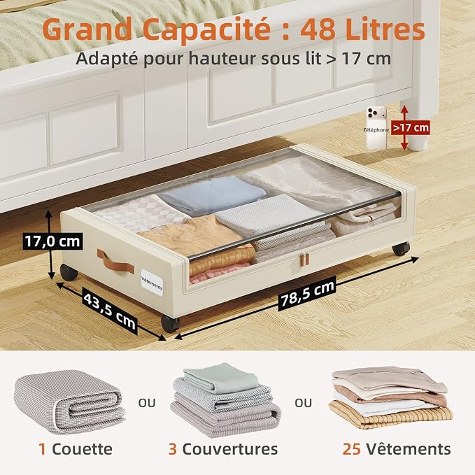 Somdot Under Bed Storage with Wheels, 2 Pack Under Bed Storage Containers | Underbed Shoe Storage Organizer with Clear Lids, Rolling Under The Bed Storage for Clothes, Blankets, Toys, Beige