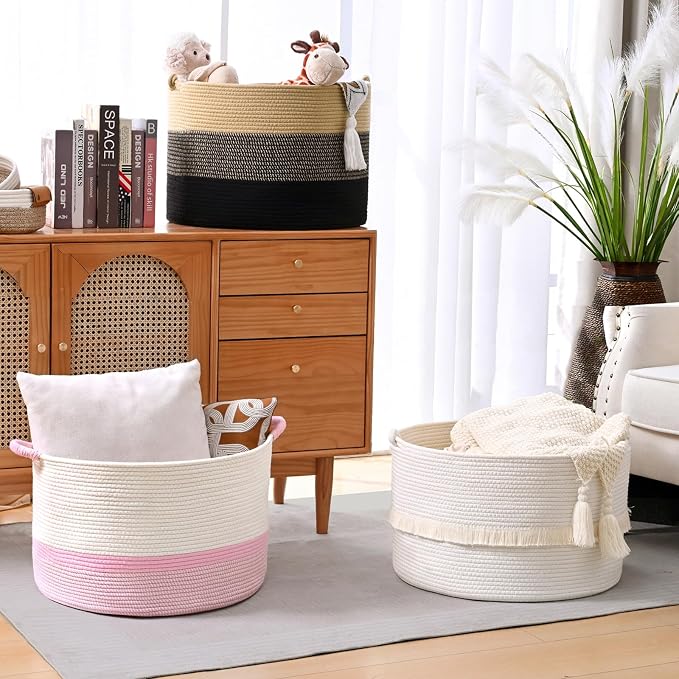 67L Large Blanket Basket, 20"x13" Woven Storage Baskets With Handle, Cotton Rope Blanket Basket Living Room, Baby Laundry hamper for Blanket, Nursery, Toy, Pillow (White & Pink)