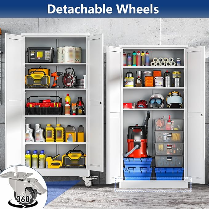 Ckzbx Metal Garage Storage Cabinet with Locking Doors and Adjustable Shelves,71" H Rolling Tool Storage with Wheels for Garage,Office (White)