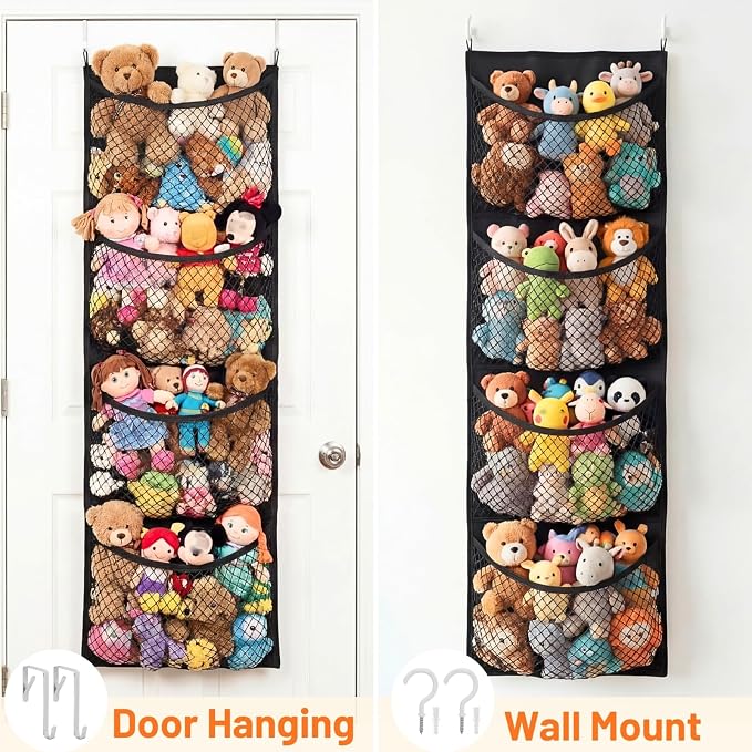 Over The Door Stuffed Animal Storage, Cotton Toy Organizer for Storage Plush Toys, Stuffed Animal Holder with 4 Large Pockets, Hanging Door Organizer for Nursery, Bedroom (Black)