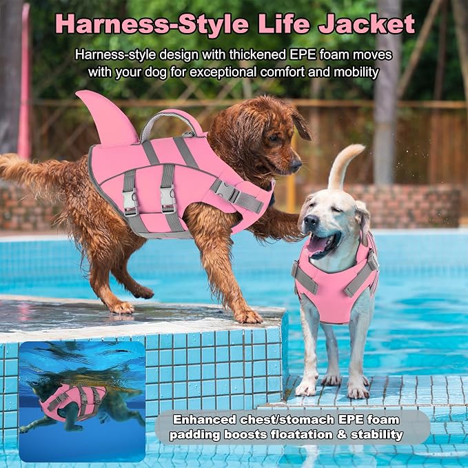 Dogcheer Dog Life Vest Shark, Life Jacket for Dogs, Swim Vest- Lt Pink,L | High Buoyancy Harness Puppy Flotation Vest with Handle & Leash Ring for Boating & Swimming, Reflective Visibility for Doggy
