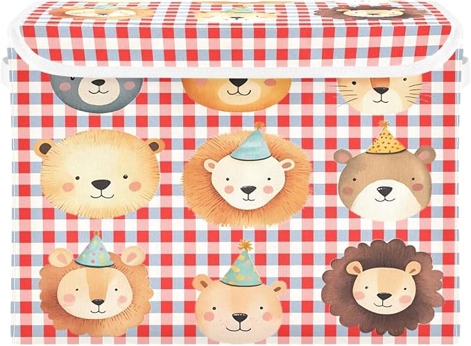 Zoo Lion Fabric Storage Bins with Lid Foldable Storage Boxes 40L Baskets | Decorative Storage Boxes, Dust-Proof Flip Top, Reinforced Handles, For Home & Bedroom, Clothes & Toy Box, Zoo Fabric Print