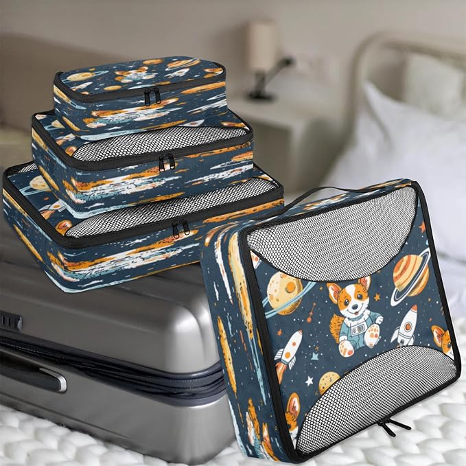 Packing Cubes for Travel, Solar System Planets Travel Luggage Packing Organizers for Women Men, Large Custom Toiletries Bag for Cosmetics Toiletries, Corgi Dogs