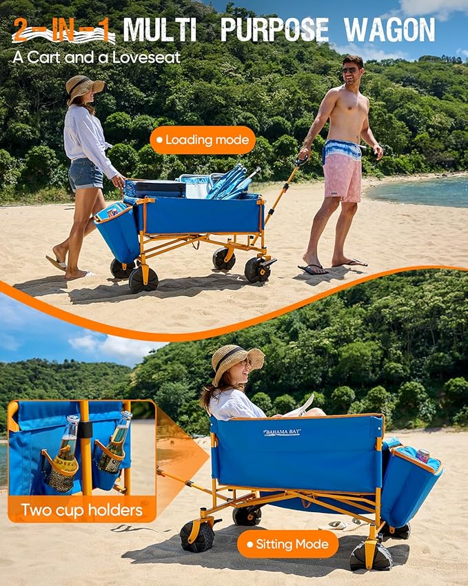 Old Bahama Bay 500lbs Love-Seat Wagon 3-in-1 Bench Wagon Seat for 2 Adults | Heavy Duty Utility Cart, 31L Detachable Cooler Bag, Adjustable Handle &Cup Holders,Perfect for The Beach, Sport, Camping