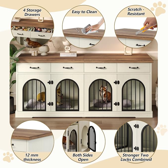 Merax 70.8" Large Dog Crate Furniture & TV Stand for 2 Dogs –Double Kennel with 4 Storage Drawers, Removable Divider & Arched Metal Doors –Wood Indoor Pet House for Medium/Large Breeds, Brown + White