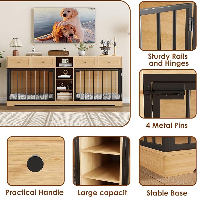 Dog Crate Furniture for 2 Dogs, Double Dog Crate TV Stand, Natural | 82" Large Dog Kennel Indoor with 4 Storage Drawers and 4 Shelves, Suitable for Small, Medium and Large Dogs
