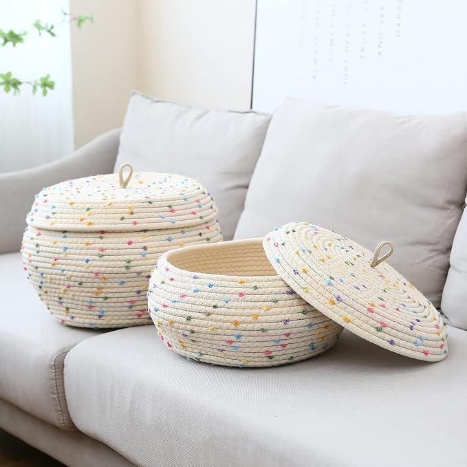 Sea Team Round Woven Cotton Rope Storage Basket with Lid, Rainbow | Decorative Colorful Pompom Knitted Storage Bin, Pot, Caddy, Organizer, Container for Snacks, Towels, Plants, 13 x 5.5 Inches