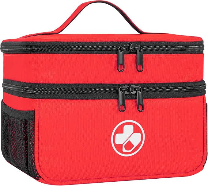 Dual Layers Medicine Organizer, Lockable Travel Pill Bag, Red | Adjustable dividers for neat pill organization. Durable zippers & portable design suit daily use, travel or first aid kit
