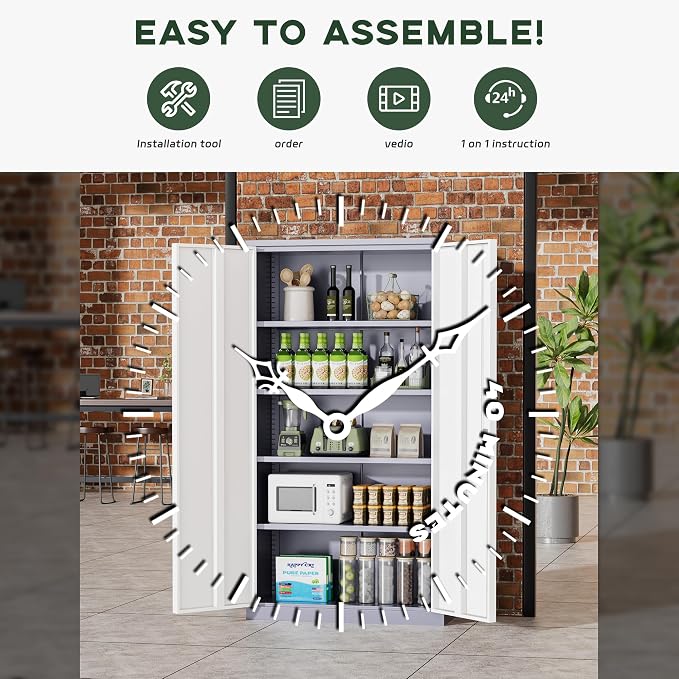 Greenvelly Metal Storage Cabinet, 72" Locking Metal Garage Storage Cabinet with Doors and 4 Adjustable Shelves, Lockable Steel Cabinet for Home Office, Garage, Shop, School (White Grey 36" W x 18" D)