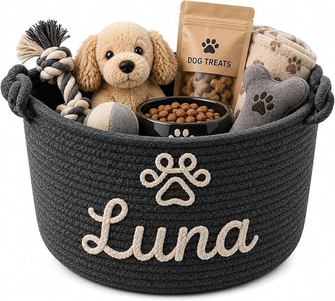 JUPPE Pet Dog Basket with Personalized Name, Dog Toys Storage Organizer Custom Cotton Rope Basket Nursery Decor (Pet Basket)