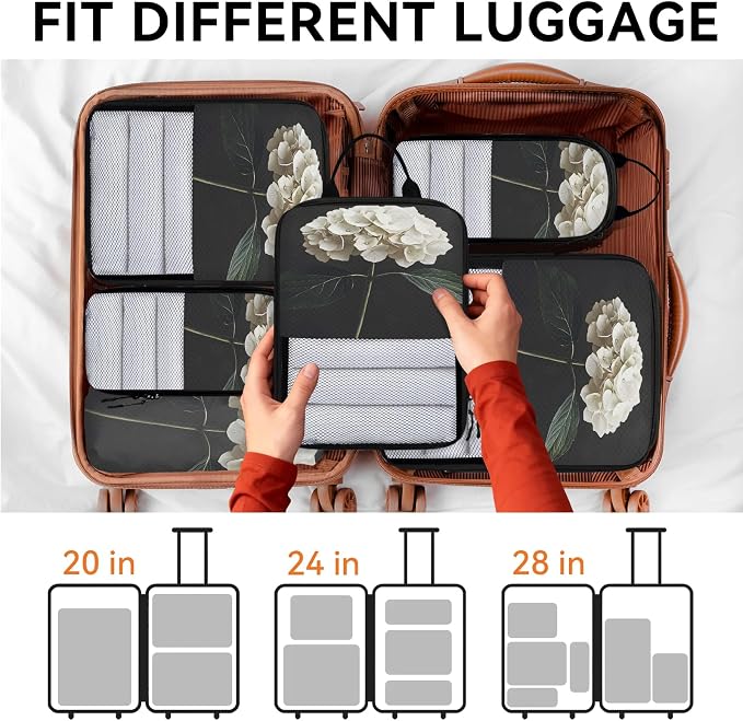 Hydrangea 6 Set Compression Packing Cubes Floral Expandable Packing Organizer for Travel Accessories Luggage Suitcase Bag