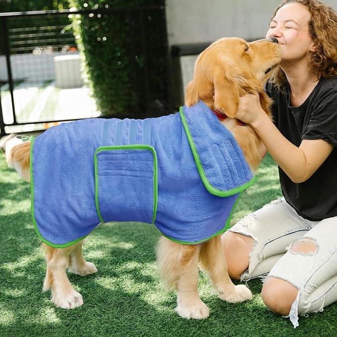 Soft Dog Bathrobe Fast Drying Dog Coat, Super Absorbent Dog Towels for After Bath, Microfiber Pet Robe Adjustable Collar & Belly Warm Keeping Dogs Coat for Pet Dogs & Cats (Blue, X-Large)