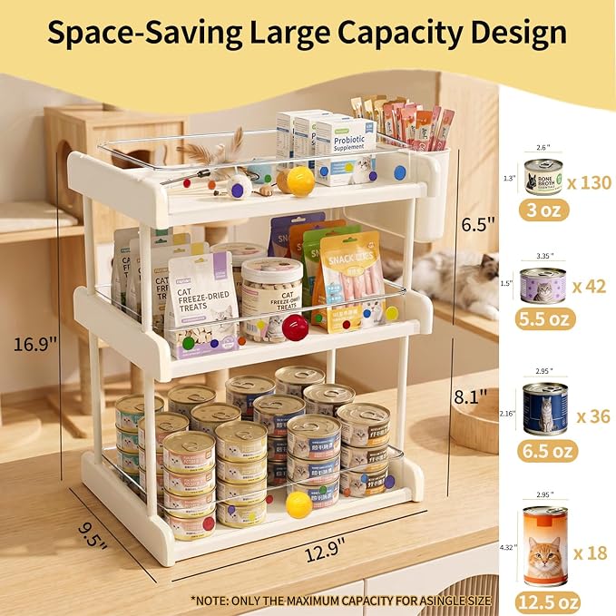 Cat Food Can Organizer w/Lickable Cat Treats Storage 3-Tier -White | Pet Food Storage Rack, With Clear Acrylic Trays, Colorful Stickers, for Pantries, Cabinets, Or Shelves, for 3oz–12.5oz