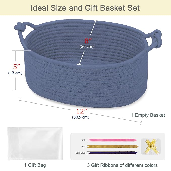 Small Empty Gift Basket with Bag & Ribbons, Folkstone Gray | 12“x8”x5”, Cotton Rope Woven Basket for Birthdays, Baby Showers, Mother's Day, Christmas; Stores Small Items, Kids & Pet Toys