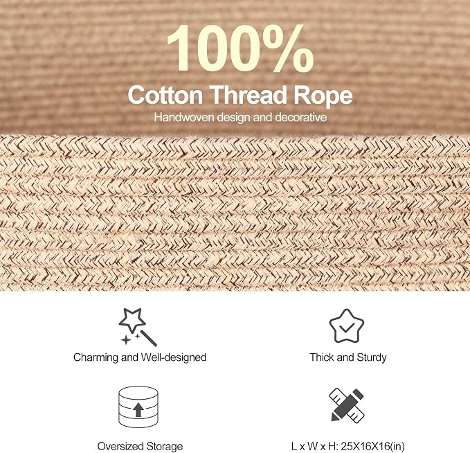 Extra Large Blanket Basket, 108L Rectangle Blanket Storage for Living Room, Woven Cotton Rope Stuffed Animals Storage, Kids Dog Toy Basket Bin Box, Throw Pillow Holder Organizer, 25"x16"x16"