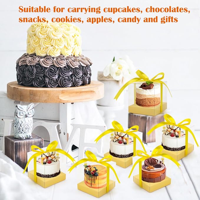 12 PCS Clear Cupcake Boxes 3.5 Inch Cupcake Containers (Yellow) | Disposable Cupcake Carrier Plastic Individual Cupcake Storage Holder with Ribbons and Inserts for Wedding, Birthday Party