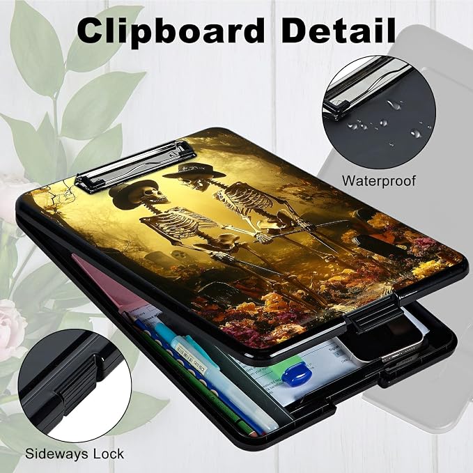 Heavy Duty Storage Clipboard, Slim Nursing Clipboard with Internal Pen Case, Portable File Organizer Case for A4 Letter Size Paper Office Medical Professionals, Forest Skull Leaf