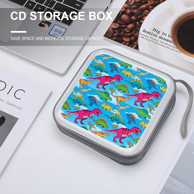 Protective 40-Disc CD/DVD Wallet Dinosaurs, Hard Plastic Storage Binder with Handle, Portable Organizer for Car Office Travel