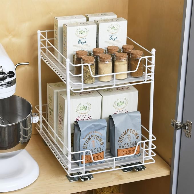 Household Essentials White Steel Two-Tier Pantry Organizer with Plastic Accents