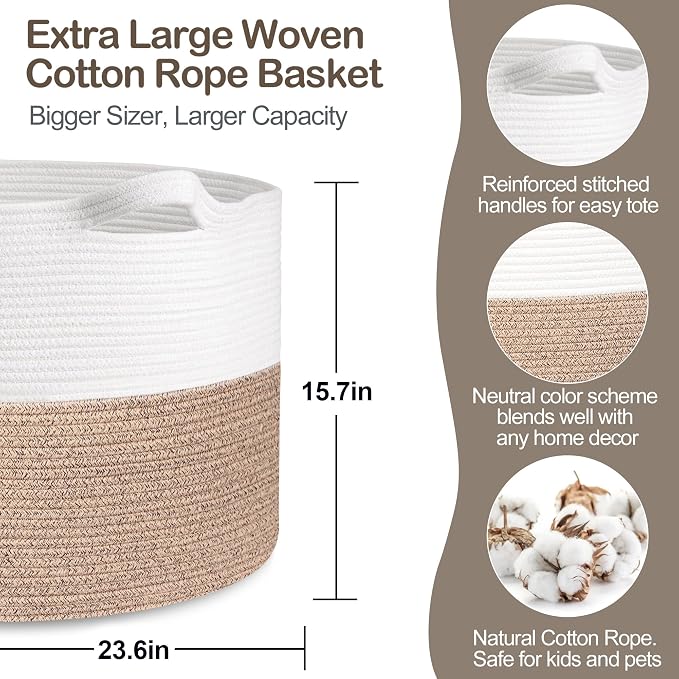 MEGASKET 115L Super Large Blanket Basket, 23.6"x15.7" Oversized Cotton Rope Woven Basket for Toys, Towels, Shoes, Laundry, XXXL Jumbo Storage Bin for Blankets for Living Room, Toy Organizer, Brown